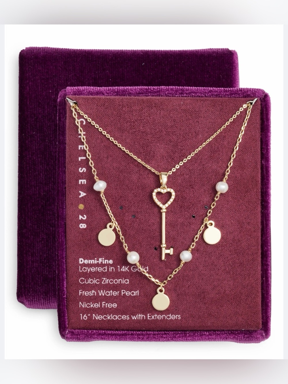 Chelsea28 Gold Heart Key & Pearl Layered Necklace Set